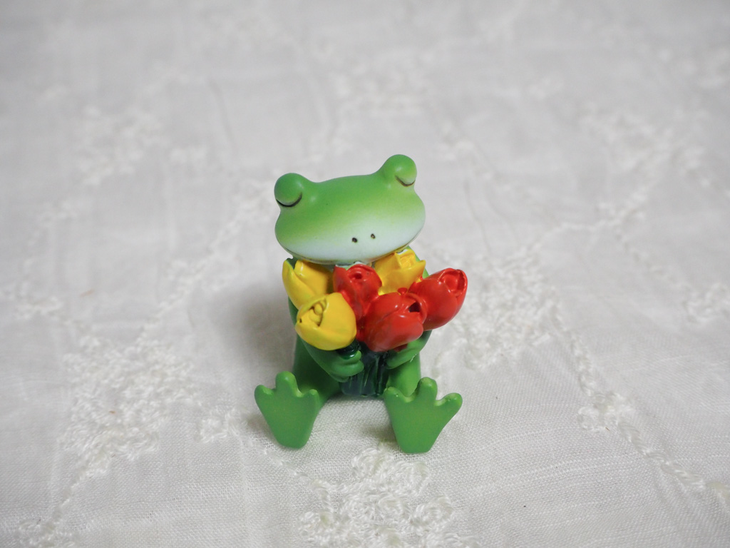 チューリップを持つカエル